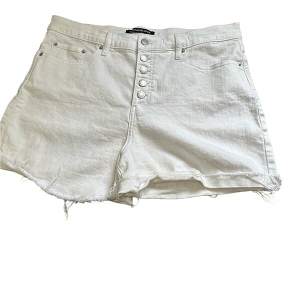 Calvin Klein Shorts Womens 32 White High Rise Button Fly Denim Cut Off Stretch - Picture 1 of 7